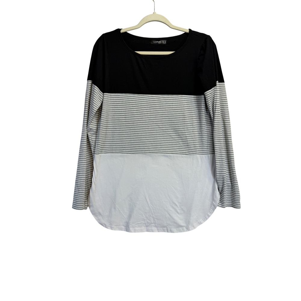 LouKeith Womens Colorblock Striped Long Sleeve Ribbed Knit Tunic Top Black M